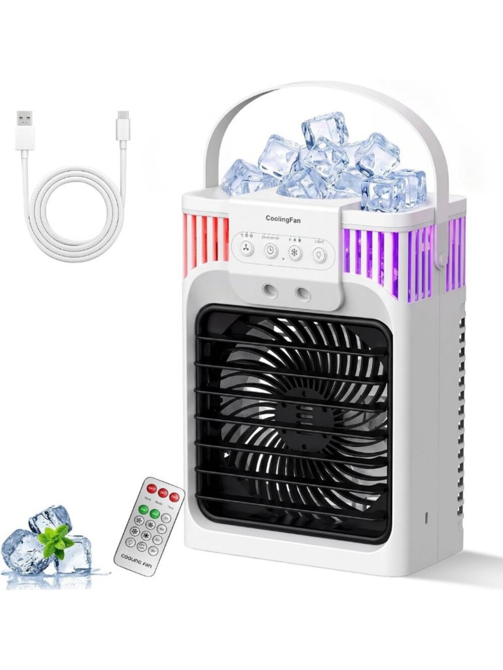 Portable Evaporative Air Cooler with Remote, 3 Speeds, 7 LED Lights, Mini Fan